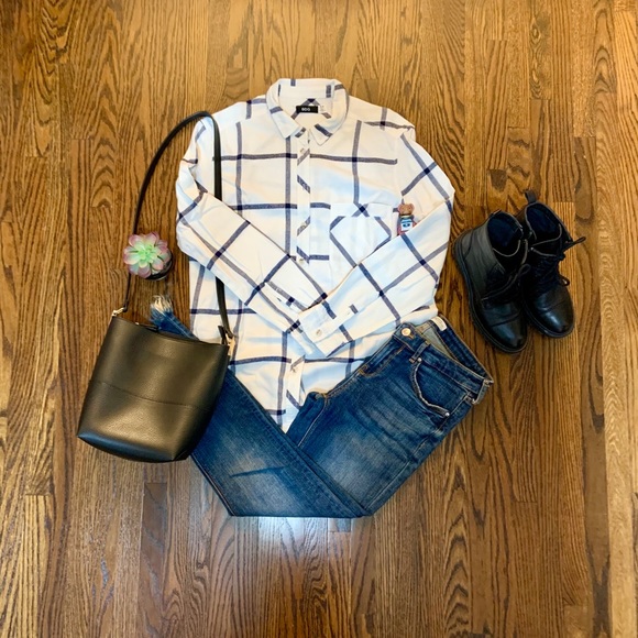 White & Black Thick Plaid Button Shirt - Picture 1 of 5